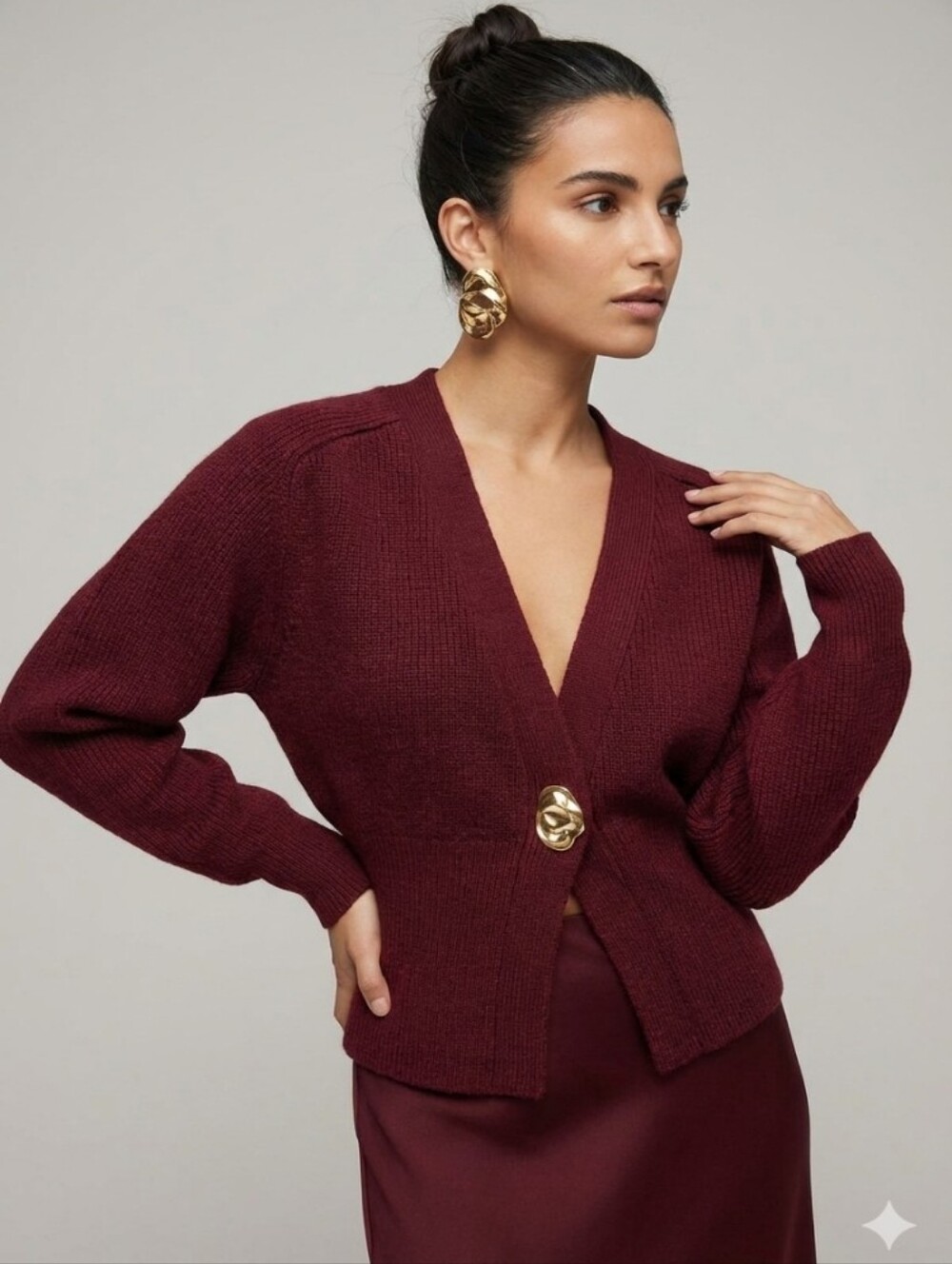Commense Burgundy V-Neck Chunky Cardigan